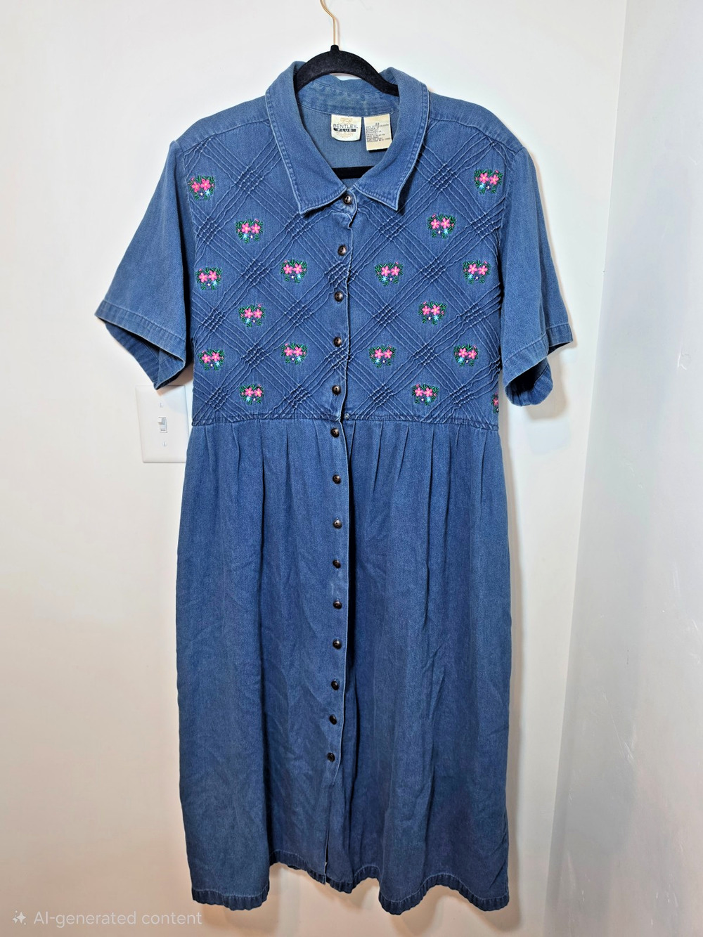 JR Bentley Plus Vintage Denim Dress Size 22 Floral Embroidered Short Sleeve